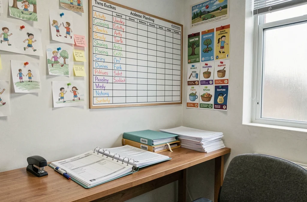 Coin planning d'un centre de loisirs avec grille hebdomadaire murale et dessins d'enfants épinglés