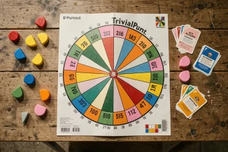 Plateau de Trivial Pursuit déplié sur une table en bois montrant les cases colorées et les pions de jeu