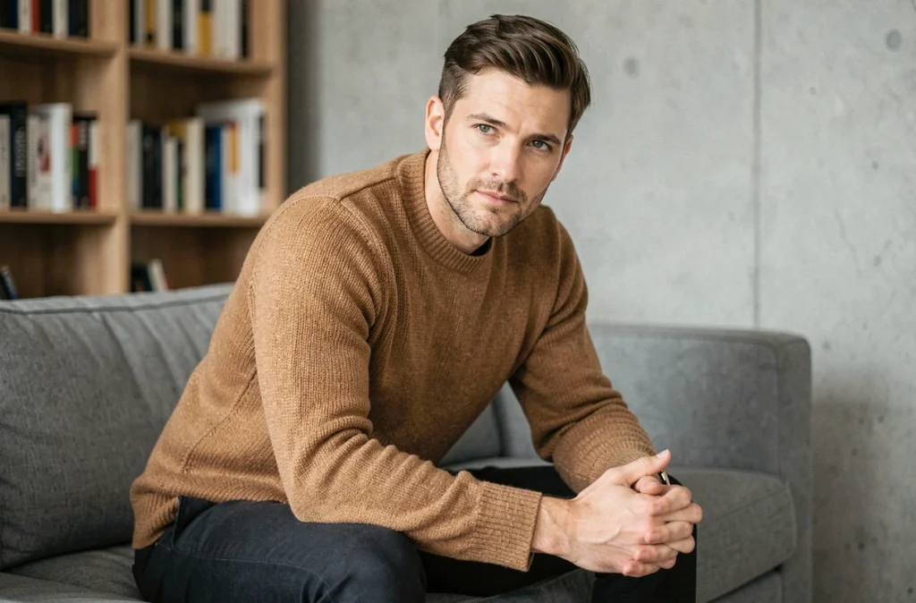 Portrait d'un homme réfléchi dans un appartement moderne, illustrant le choix de protéger sa compagne des regards publics