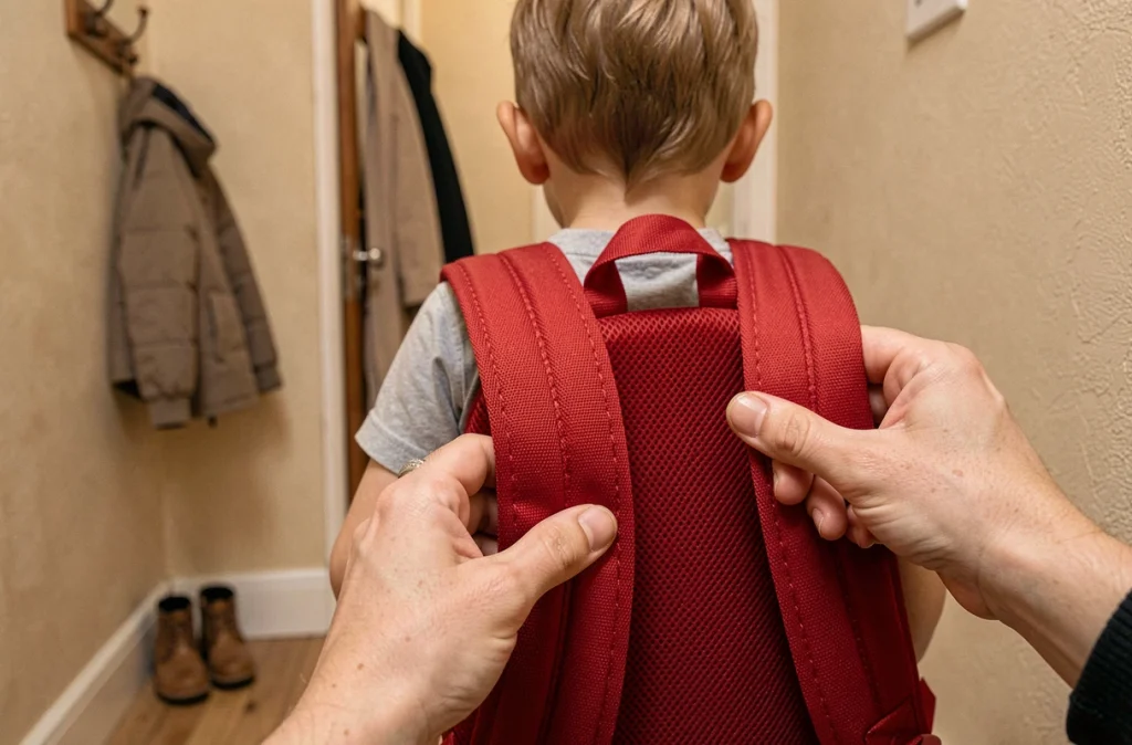 Parent réglant les bretelles ergonomiques d'un sac à dos rouge sur le dos d'un enfant de maternelle dans un couloir d'appartement