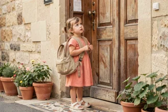 Petite fille en maternelle tenant un sac à dos ergonomique devant la porte de son école, premier jour de rentrée