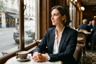 Femme élégante assise dans un café parisien, regard pensif vers la fenêtre, ambiance chaleureuse et intimiste