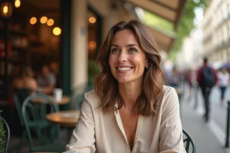 Femme élégante assise en terrasse de café parisien, illustrant la vie privée et personnelle d'une personnalité publique