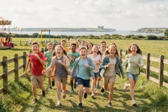 Groupe d'enfants joyeux courant dans un parc de loisirs en Normandie pendant l'été