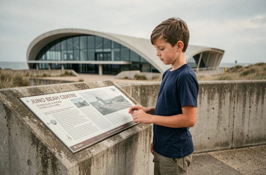 Jeune garçon lisant un panneau commémoratif au Centre Juno Beach à Courseulles-sur-Mer