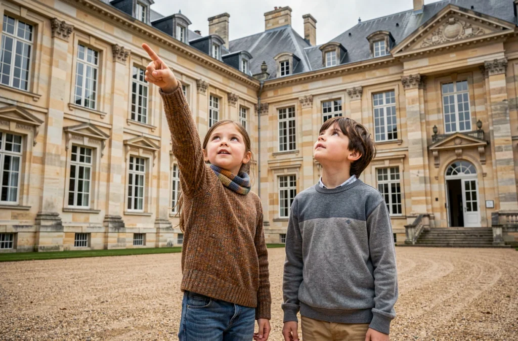 Deux enfants découvrant la façade du Château de Bénouville en Normandie
