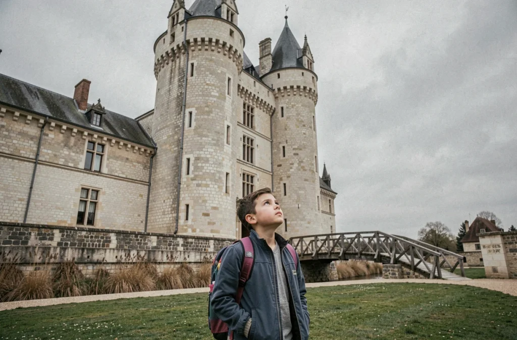 Un jeune garçon contemple avec admiration les tours médiévales du Château de Fougères-sur-Bièvre
