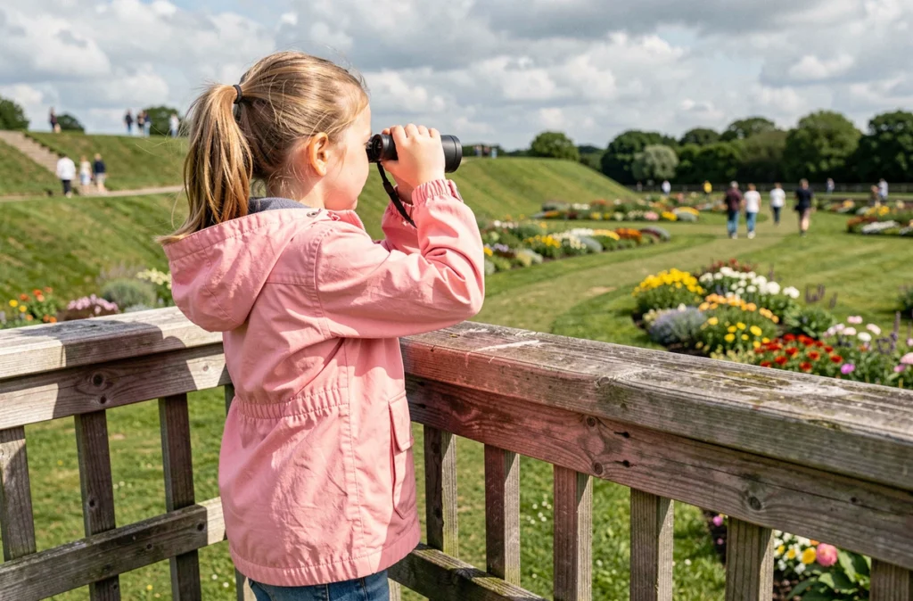 Fillette observant la nature avec des jumelles à La Colline aux Oiseaux à Caen