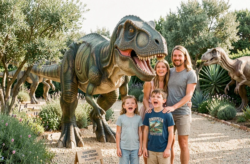 Enfants et parents devant une sculpture grandeur nature d'un dinosaure à Dinopedia Parc Provence avec végétation provençale en arrière-plan