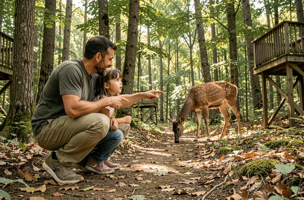 Un père et sa fille observent silencieusement un chevreuil dans la nature sauvage du Domaine du Ciran
