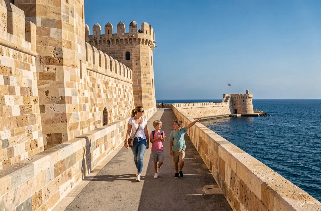Mère et enfants traversant la passerelle du Fort Saint-Jean avec les remparts historiques et la mer en arrière-plan à Marseille