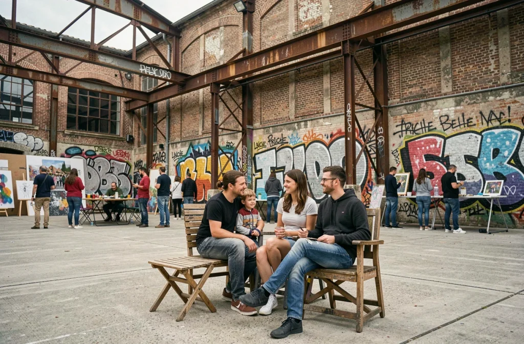 Famille profitant d'un événement en plein air à La Friche la Belle de Mai avec les fresques murales et l'architecture industrielle en arrière-plan