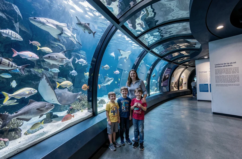 Une mère et ses enfants admirent les poissons dans un grand tunnel aquatique au Grand Aquarium de Touraine