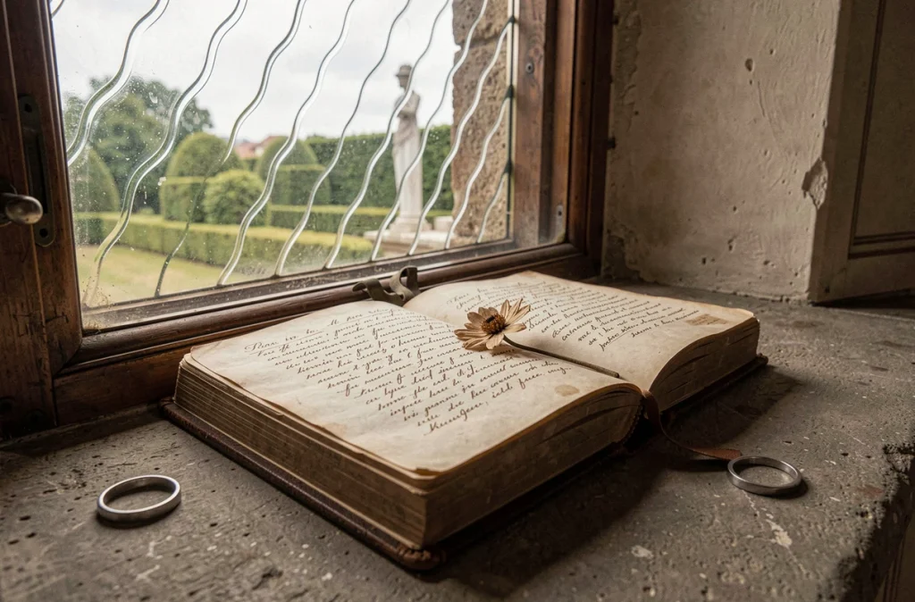 Journal intime ancien ouvert sur un rebord de fenêtre de palais autrichien avec des pages manuscrites en cursive sépia, fleur séchée et bague en argent, illustrant les écrits intimes de Marie Valérie fille de Sissi