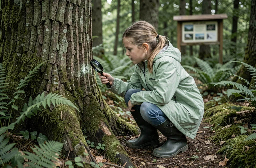 Fillette explorant la forêt avec une loupe à la Maison de la Forêt de Montfiquet