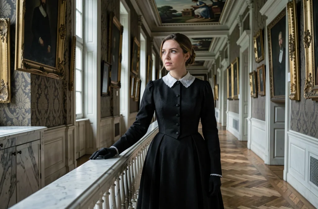 Femme en robe de deuil victorienne noire debout dans un long couloir de palais impérial avec des cadres dorés et un parquet à chevrons, portrait psychologique évoquant l'isolement émotionnel de Marie Valérie fille de Sissi