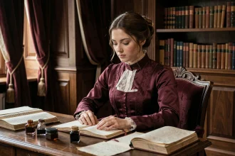 Jeune femme aristocrate du XIXe siècle en robe en soie bordeaux, assise à un bureau et écrivant dans un journal intime, dans un cabinet de travail aux boiseries sombres évoquant la psychologie de Marie Valérie fille de Sissi