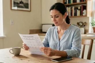 Mère de famille consultant le calendrier scolaire 2026 de Montpellier à la maison