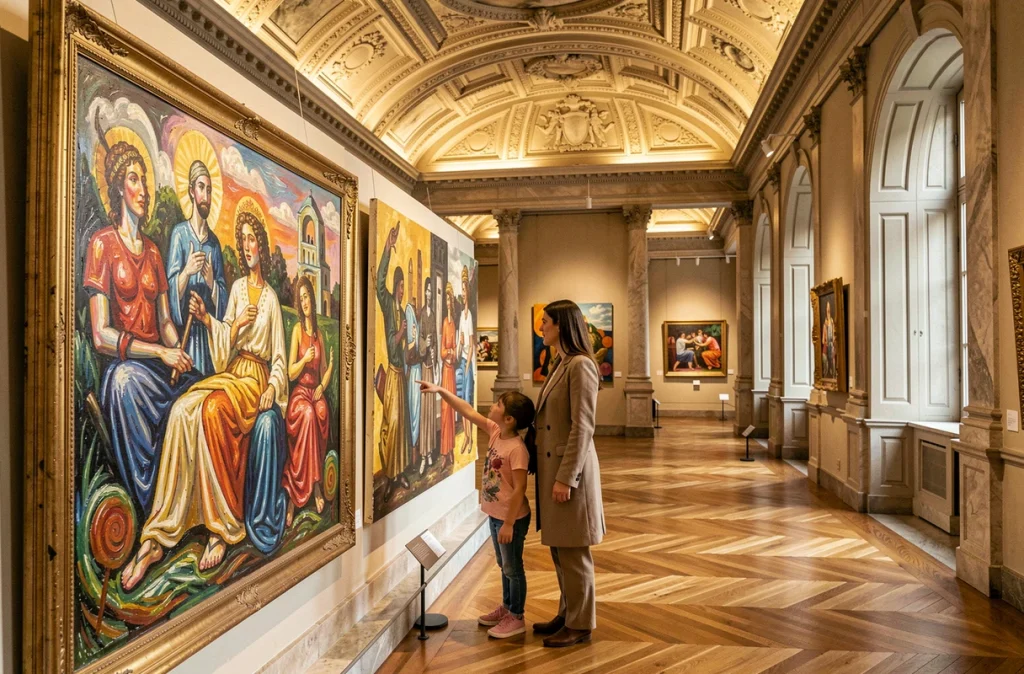 Mère et fillette contemplant une grande peinture dans les salles du Musée Cantini à Marseille avec les plafonds ornés et le parquet ancien