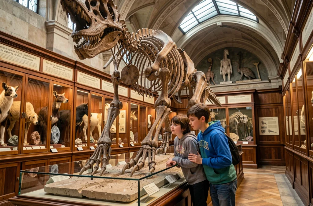 Deux enfants contemplent un squelette fossile de dinosaure exposé au Muséum d'histoire naturelle de Bourges