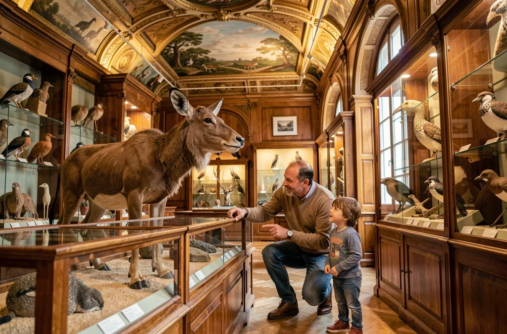 Père et enfants observant des specimens naturalisés dans la salle d'exposition du Muséum d'histoire naturelle de Marseille