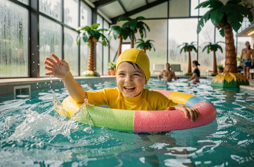 Jeune garçon s'amusant dans la piscine tropicale de Palomano à Caen