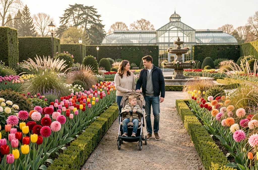 Une famille se promène dans les allées fleuries du Parc Floral de la Source à Orléans