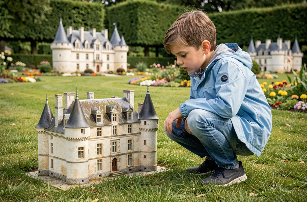 Un jeune garçon examine de près une réplique miniature d'un château de la Loire au Parc Mini-Châteaux