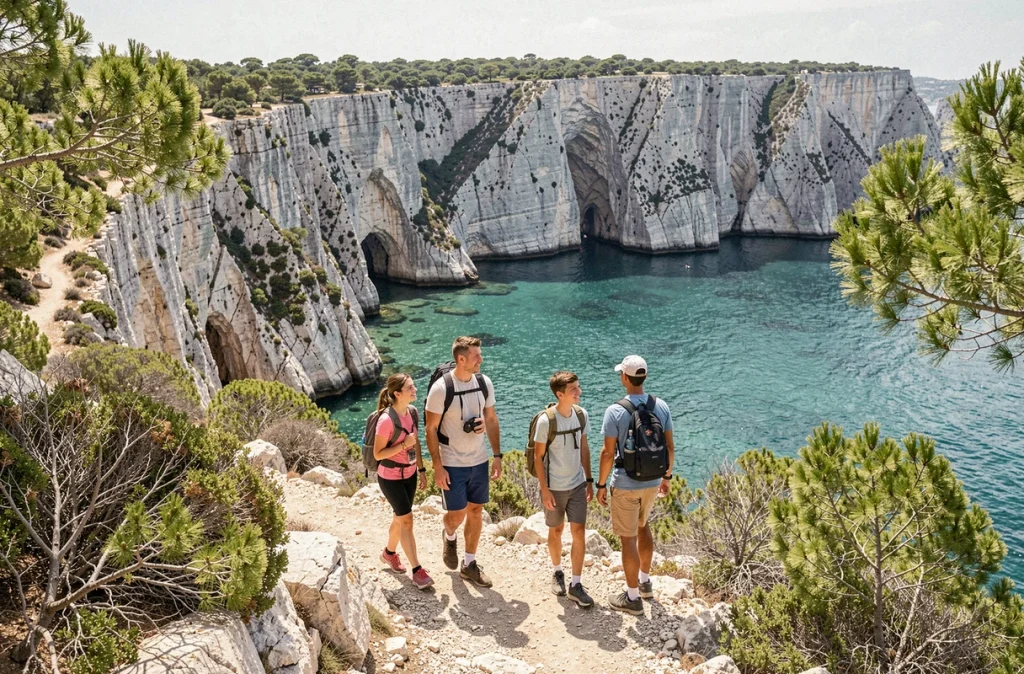 Famille en randonnée sur les sentiers rocheux du Parc national des Calanques avec les falaises calcaires et l'eau turquoise