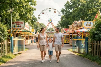 Famille heureuse entrant dans un parc de loisirs en Pays de la Loire avec enfants souriants