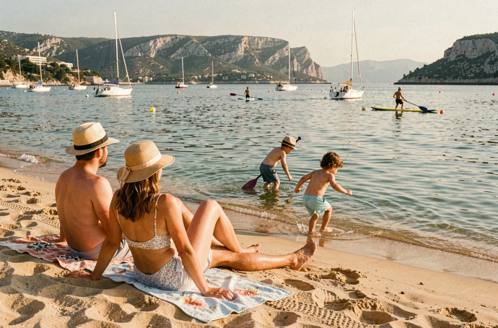 Famille sur la Plage de la Pointe Rouge à Marseille avec enfants jouant au bord de l'eau et voiliers sur la baie en arrière-plan