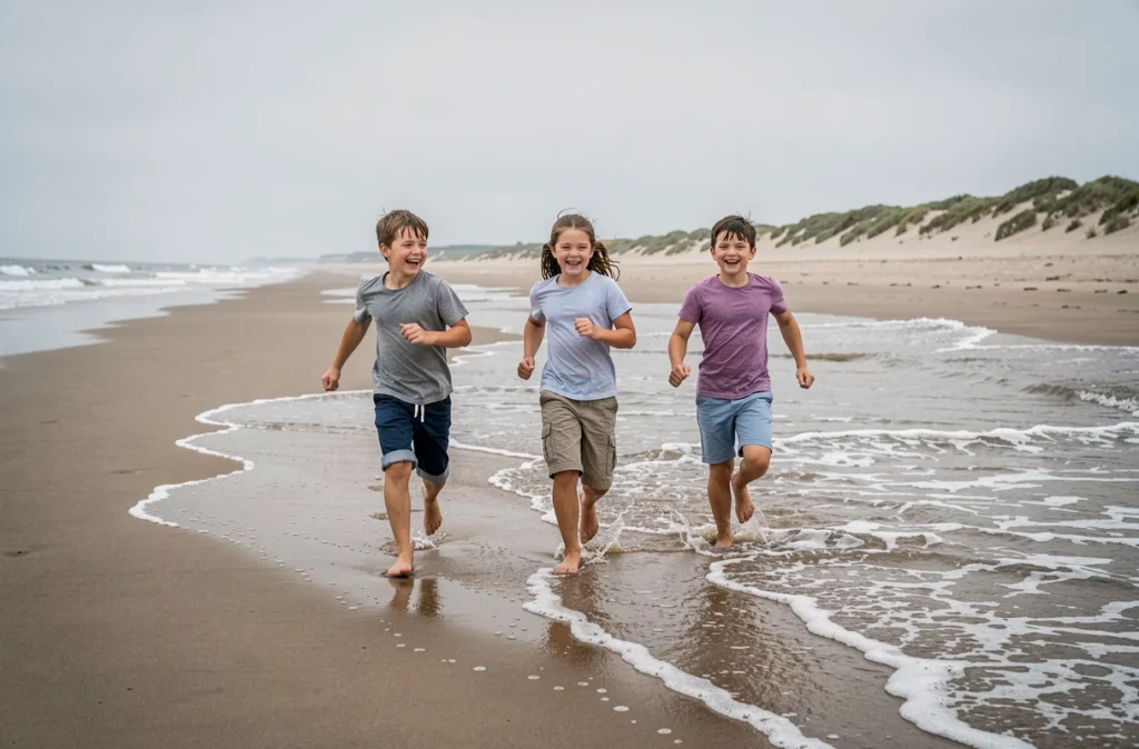 Enfants courant pieds nus sur la plage de la Côte de Nacre en Normandie