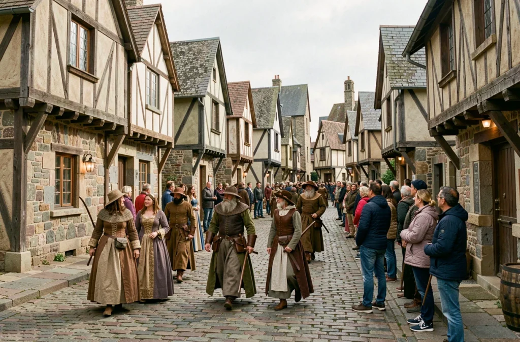 Village médiéval reconstitué au Puy du Fou avec comédiens en costumes d'époque et visiteurs