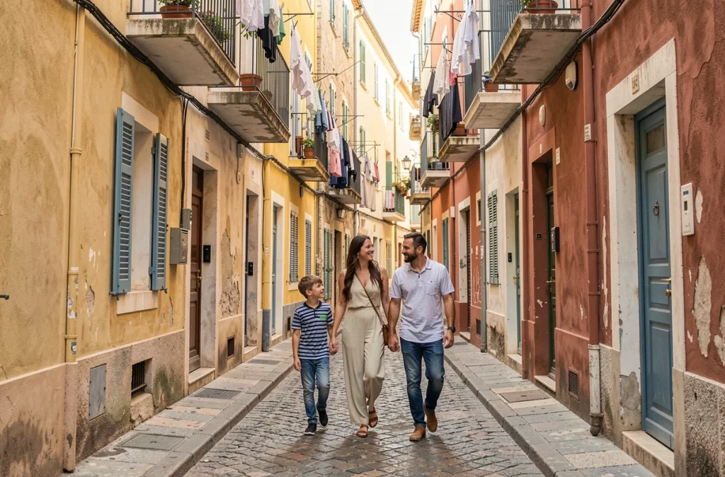 Famille se promenant dans les ruelles colorées du quartier du Panier à Marseille avec des façades pastel et du linge aux fenêtres