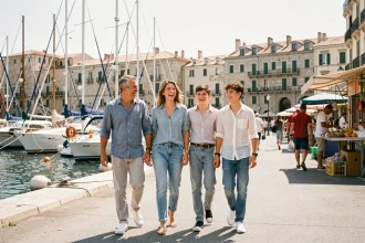 Famille en balade au bord du Vieux-Port de Marseille avec les bateaux et les bâtiments historiques en arrière-plan