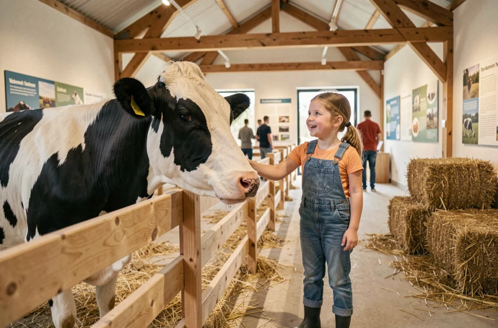 Fillette caressant une vache dans l'espace de découverte agricole Vachement à Caen
