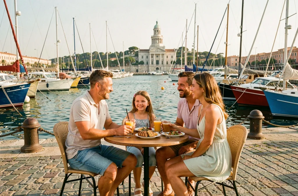 Famille attablée à un café du Vieux-Port de Marseille avec les bateaux amarrés et la basilique Notre-Dame de la Garde en fond