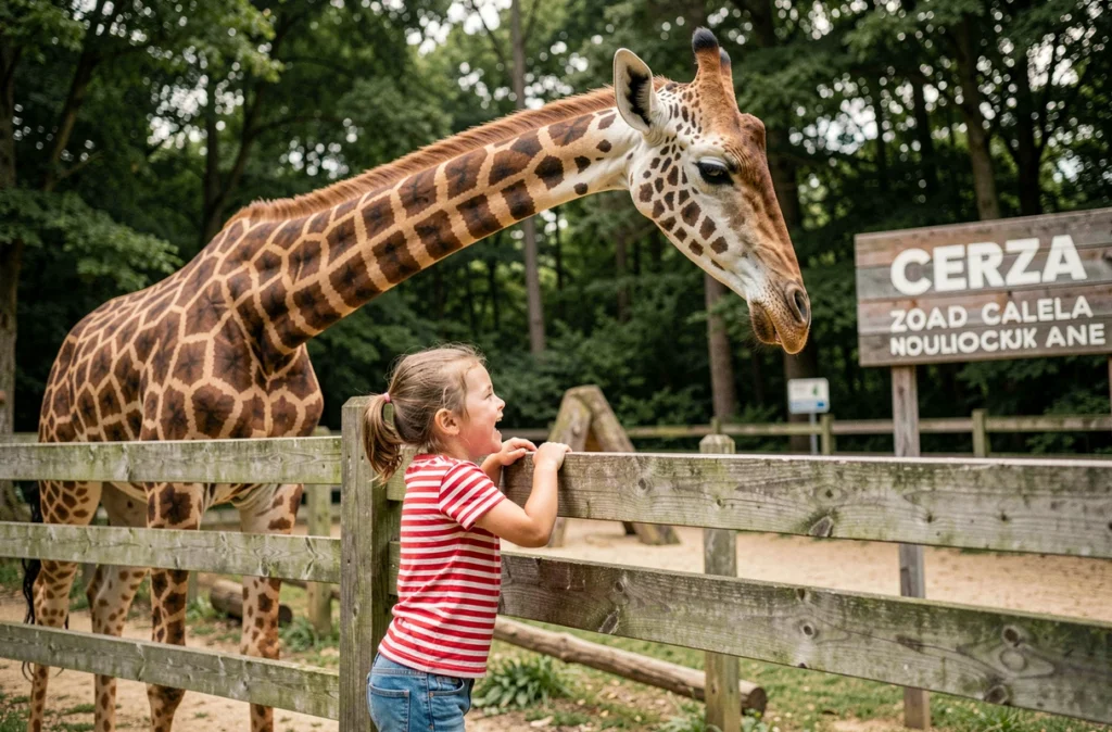Jeune fille émerveillée devant une girafe au Zoo de Cerza dans le Calvados