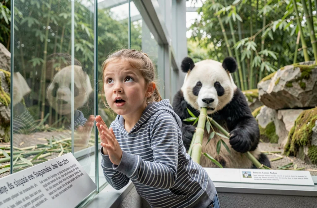 Une jeune fille émerveillée observe un panda géant derrière la vitre d'un enclos au ZooParc de Beauval