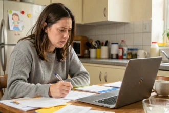 Mère célibataire examinant des documents CAF et RSA à la table de cuisine pour comprendre ses droits en tant que parent isolé