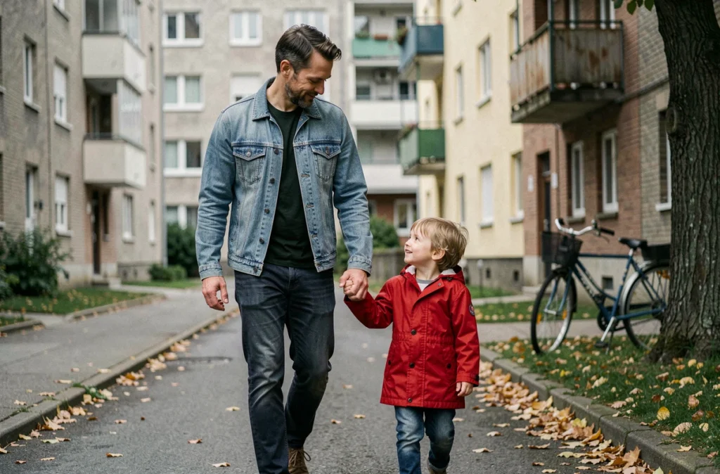 Père isolé se promenant avec son enfant en ville, illustrant la réalité quotidienne du parent isolé éligible au RSA majoré