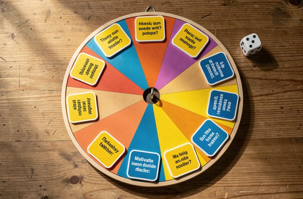 Plateau, cartes jaunes et bleues et dé posés sur une table