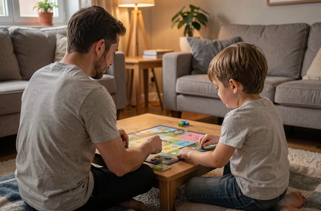 Un parent et un enfant jouent ensemble autour du plateau