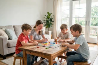 Une famille réunie autour d'un jeu de société sur la table du salon